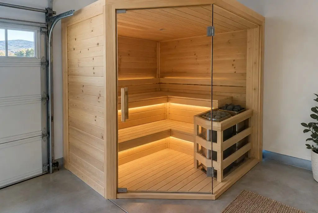 Illustration: an indoor sauna room clad in light spruce with two-level benches, an electric heater with stones and a glass door, built in a garage corner