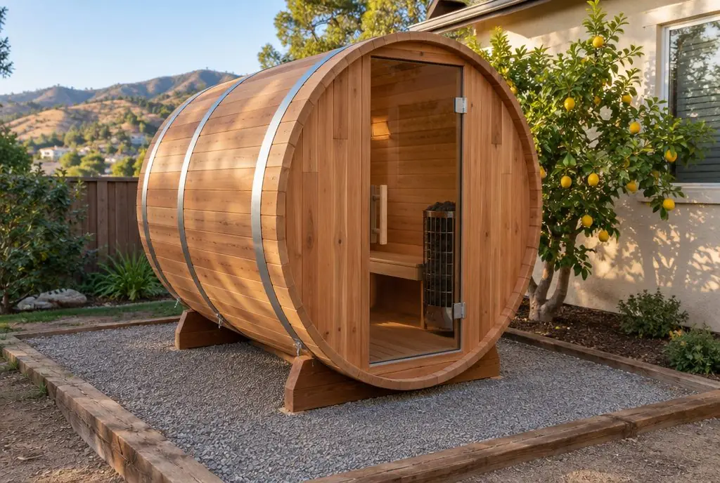 Illustration: a cedar barrel sauna with a glass front door on a compacted gravel pad in a Santa Clarita back yard