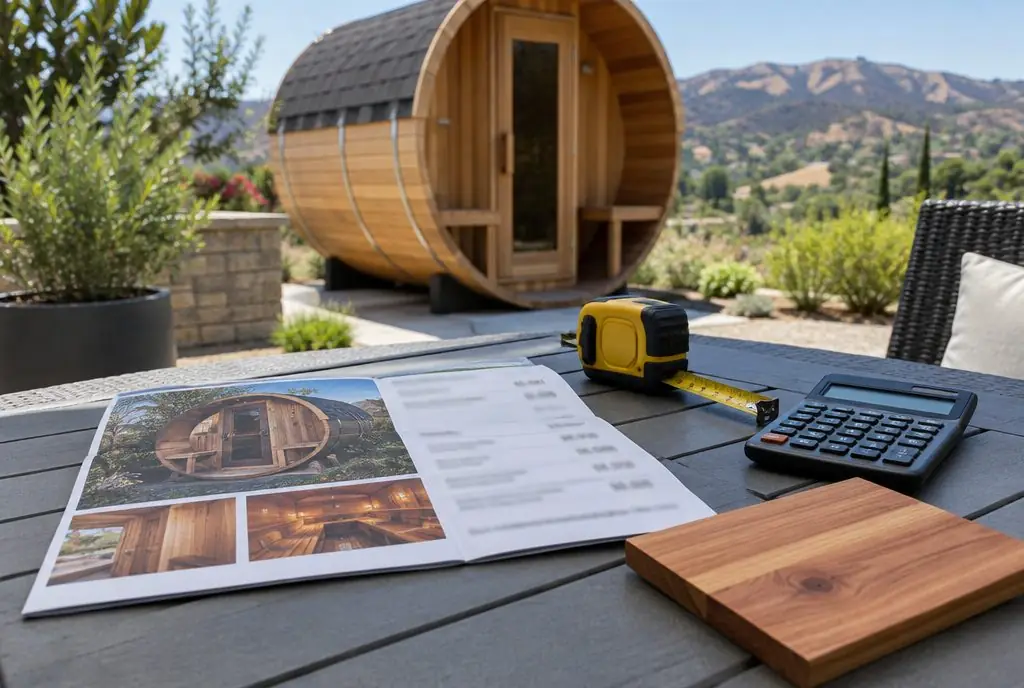 Illustration: a sauna brochure page with blurred prices, a tape measure, a calculator and a small cedar sample board on a table