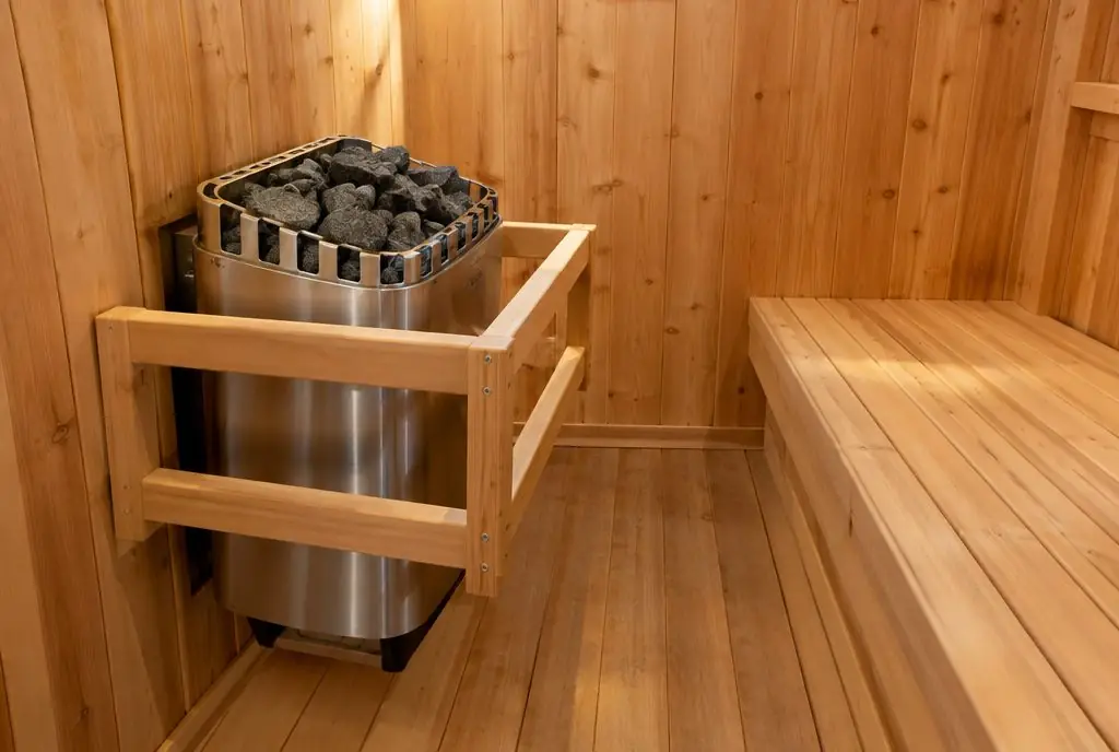 Illustration: a stainless electric sauna heater with a stone basket and a wooden guard rail on a spruce sauna wall, control panel beside it