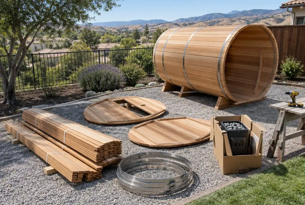 Illustration: unboxed barrel sauna staves, bands and a heater carton laid out on a gravel pad beside a half-assembled barrel in a back yard